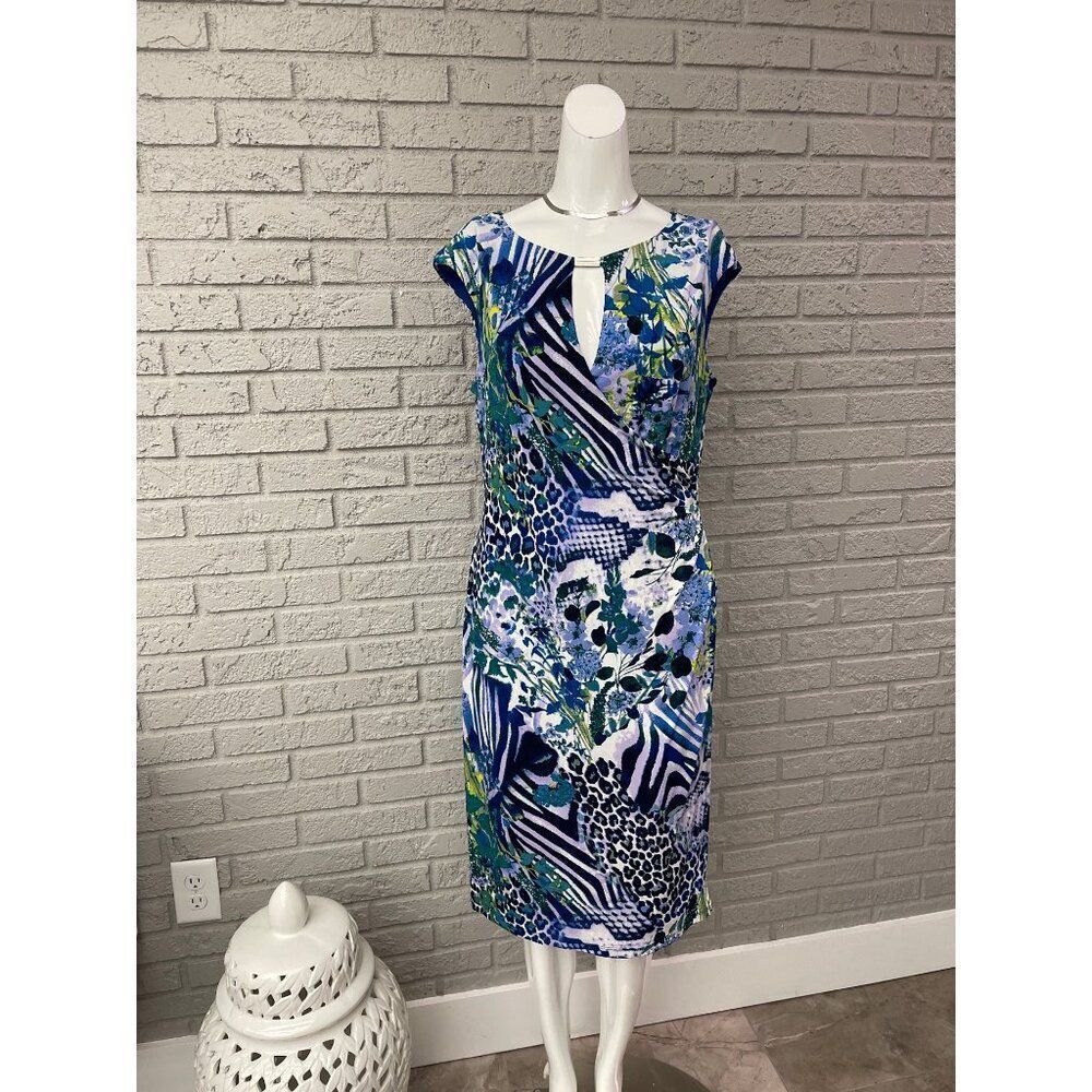 Connected Apparel Women Sleeveless Multicolored Faux Wrap Sheath Dress Size 10